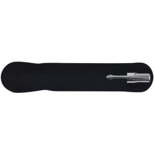 A silver metal pen rests on a black velvet holder, showcasing its sleek design.