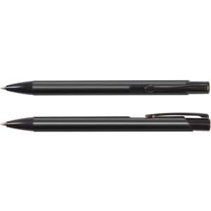 A black metal pen is displayed from different angles, featuring a sleek design and a subtle logo.
