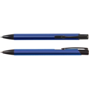 A blue metal pen with a black clip and tip, featuring a sleek design and a logo.