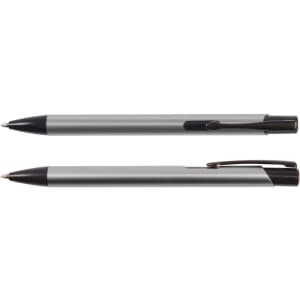 A black edition metal pen displayed from multiple angles, featuring a sleek silver barrel and a black tip and clip.