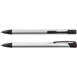 A black and silver metal pen with a sleek design, featuring a clip and a logo on the barrel.