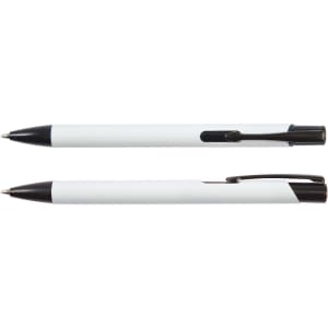 A black and white metal pen duo featuring sleek designs and a clip for easy carrying. Includes a logo.