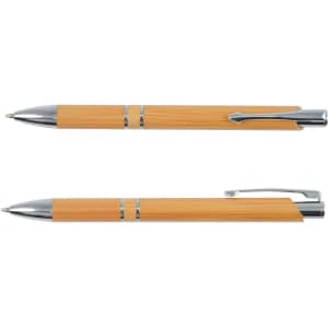 A bamboo pen featuring a natural bamboo barrel and chrome accents, with a removable cap.