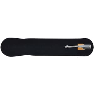 A bamboo pen with a silver tip displayed on a black background. The pen includes a holder.