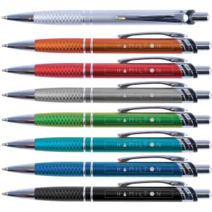 A collection of metal pens in various colours: silver, red, orange, grey, green, blue, and black, featuring a logo.