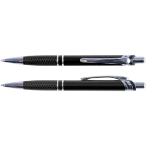 A metal pen in black with chrome accents and a textured grip, featuring a logo on the side.