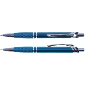 A metal pen in teal and silver, featuring a textured grip and a sleek design. It has a logo visible on its body.