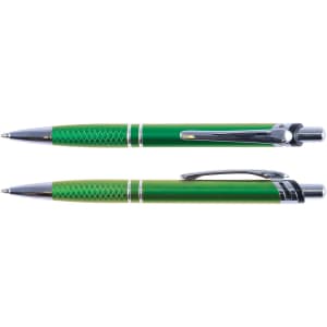 A green metal pen with a textured grip and silver accents, featuring a clip for attachment.