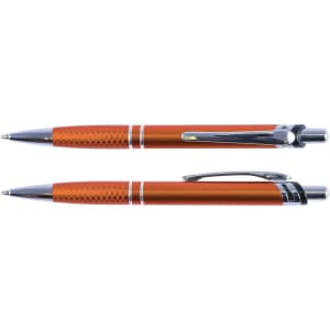 A metal pen with an orange finish and chrome accents, featuring a textured grip and a clip for attachment.