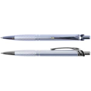 A silver metal pen with a textured grip and a black clip, featuring chrome accents and a logo.