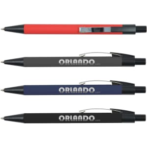 A collection of four pens in red, grey, navy blue, and black, featuring a clip and branding on the barrel.