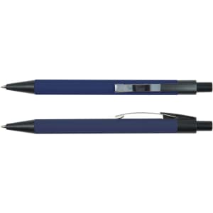 A metal pen in a deep blue color with black accents and a silver clip. The image features two angles of the pen.