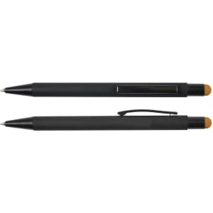 A black stylus pen featuring a gold tip and a sleek design, complete with a clip for easy attachment.