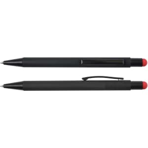 A stylus pen featuring a sleek black design with a retractable ballpoint tip and a red stylus tip.