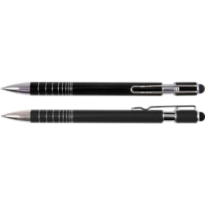 A black stylus pen with a silver clip and accents, featuring both a pen tip and a stylus tip.