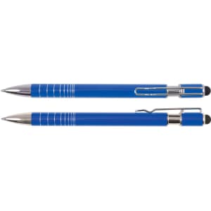 A blue pen and stylus combination with silver accents and a clip, featuring a logo on the body.