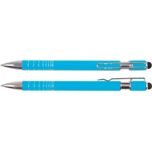 A blue Helix Pen and Stylus set, featuring shiny silver accents and a clip, presented side by side.