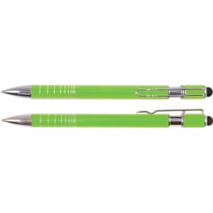 A green pen and stylus set with a shiny silver clip and accents, featuring a sleek design.