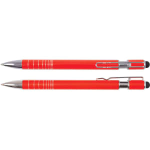 A red Helix pen and stylus, featuring chrome accents and a logo, laid out side by side on a white background.