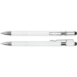 A white stylus pen with a chrome clip and tip, alongside a white ballpoint pen with a chrome accent.
