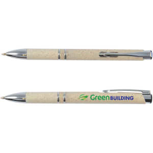 A pen featuring a cream-coloured body with silver accents and a logo.