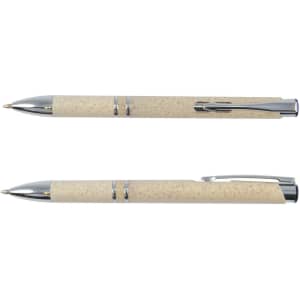 A beige eco pen with a sleek design, featuring a chrome clip and accents. The pen has a logo on the side.