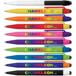 A collection of Chameleon pens and styluses in various vibrant colours, featuring black tips and white branding.