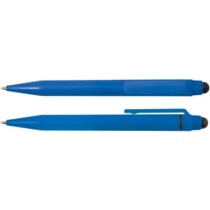 A blue pen and stylus set, featuring a smooth finish and detachable stylus tip, displayed side by side.