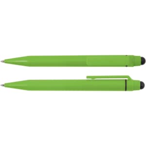 A green stylus pen with a retractable tip and a cap, featuring a black stylus tip and a clip.