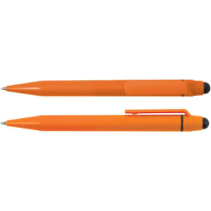 An orange pen and stylus combination with a black tip, featuring a clip design and a sleek finish.