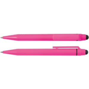 A pink stylus pen is displayed, featuring a sleek design with a sturdy clip and a soft tip for touchscreen use.