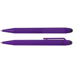 A purple stylus pen positioned above a purple pen, both with black tips and clips. The product features a logo.
