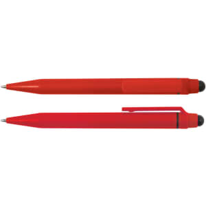 A red pen and stylus combination with a smooth design and a clip, featuring a rounded tip for touch screens.