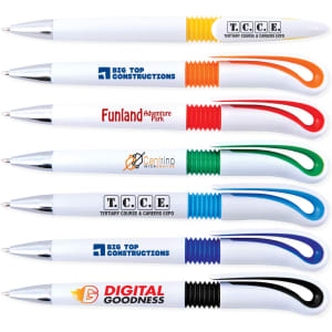 A collection of plastic pens in white with various coloured grips, featuring logos on some of them.