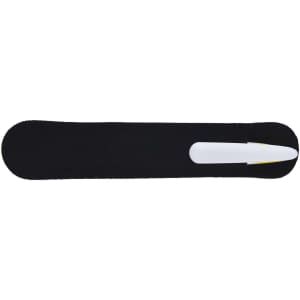 A black pen with a white tip and a logo, designed for writing purposes.