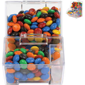 A clear dispenser filled with colorful M&M's in red, blue, green, orange, yellow, and brown.