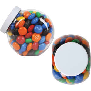 A transparent container filled with colorful M&M's in various shades, including red, blue, yellow, green, orange, and black.