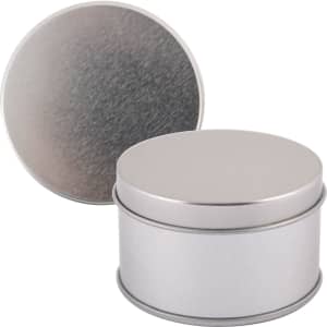 A silver round tin with a smooth metallic finish and a lid, designed for storage.