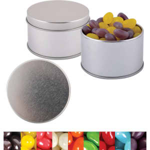 Silver round tin filled with assorted jelly beans in purple, yellow, and more colorful varieties. Tin has a smooth lid.