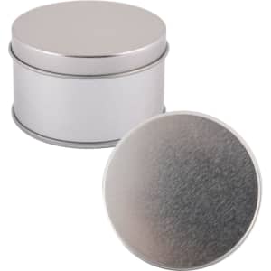 A silver round tin with a fitted lid, showcasing a smooth metallic finish.