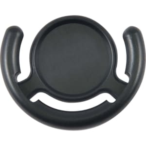 A phone grip in a sleek black design, featuring a circular base with two ergonomic side grips for easy handling.