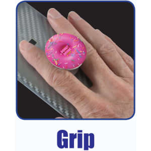 A phone grip featuring a pink donut design with colorful sprinkles, placed on a hand holding a smartphone.