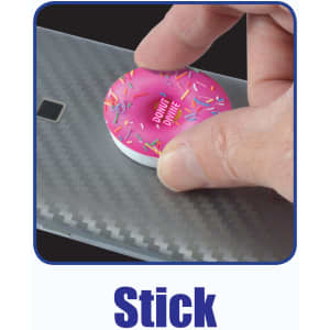A phone grip featuring a colorful donut design with sprinkles, designed to be stuck on the back of a smartphone.