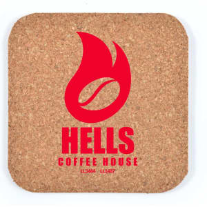 A square cork coaster in natural colour featuring a logo in red, with a flame and a coffee bean design.