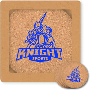 A round cork coaster set with a knight graphic and blue branding, displayed in a square presentation box.