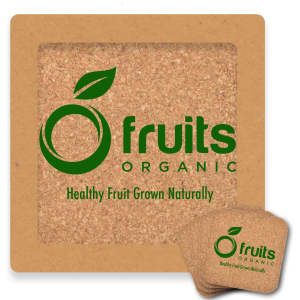 A square cork coaster with a natural finish and a green logo featuring a leaf design. Set of four coasters included.
