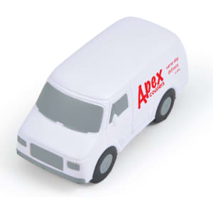 A white stress reliever in the shape of a delivery van, featuring grey windows and a logo.