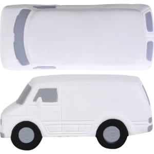 A white transit van stress reliever featuring black wheels and detailed windows. It has a simple design and a logo.