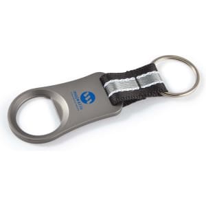 A drink bottle opener keyring in silver and black, featuring a logo on the handle.