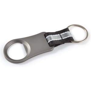 A drink bottle opener featuring a sleek metallic design with a black fabric strap and a keyring attached.